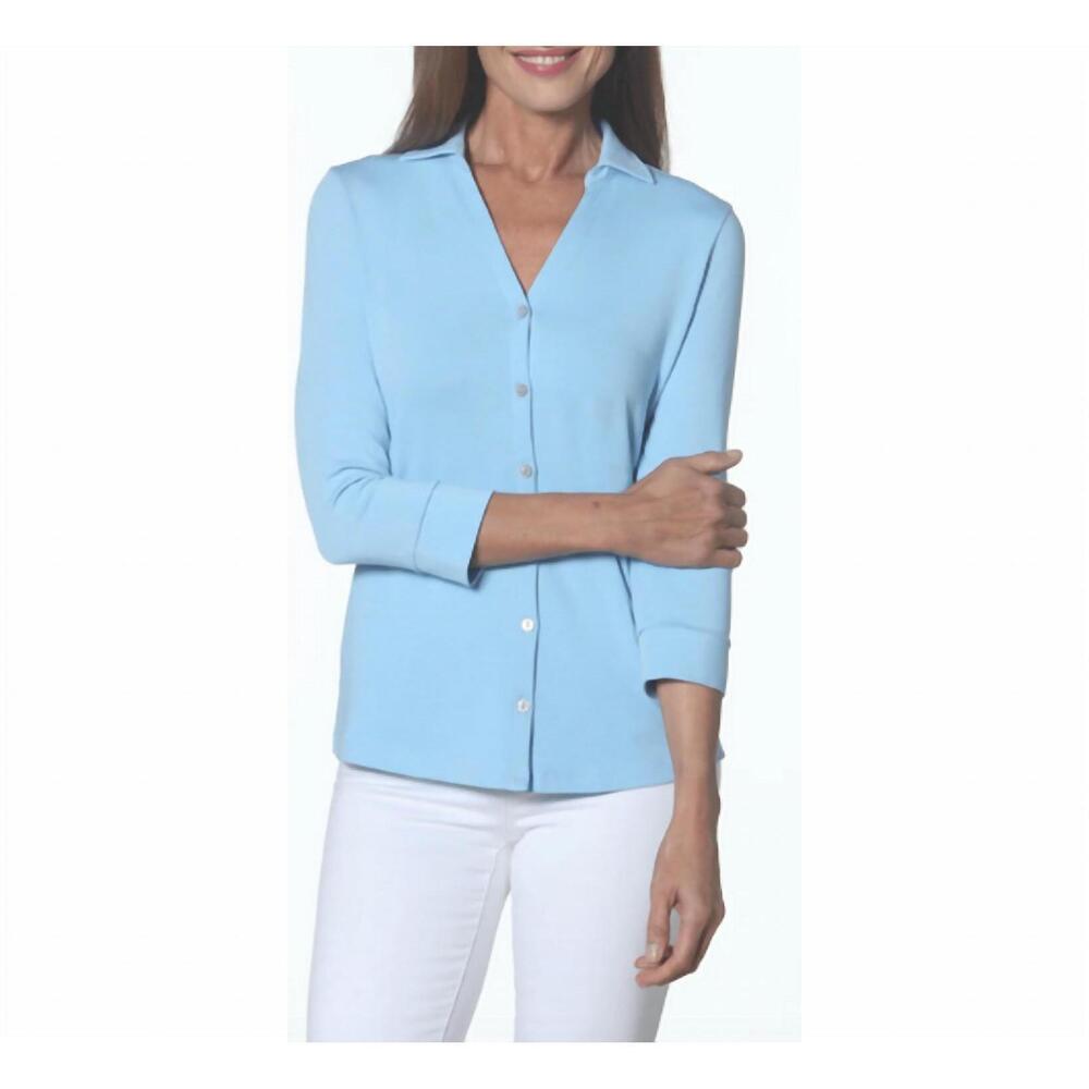 NEW E.L.I. knit button down collared top in sky